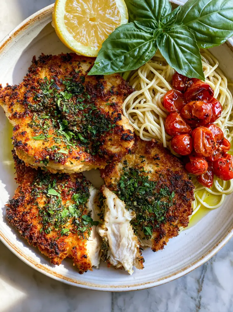 Top-down view of golden-brown Italian Basil Chicken Cutlets showing the crispy panko texture and emerald green basil dusting.