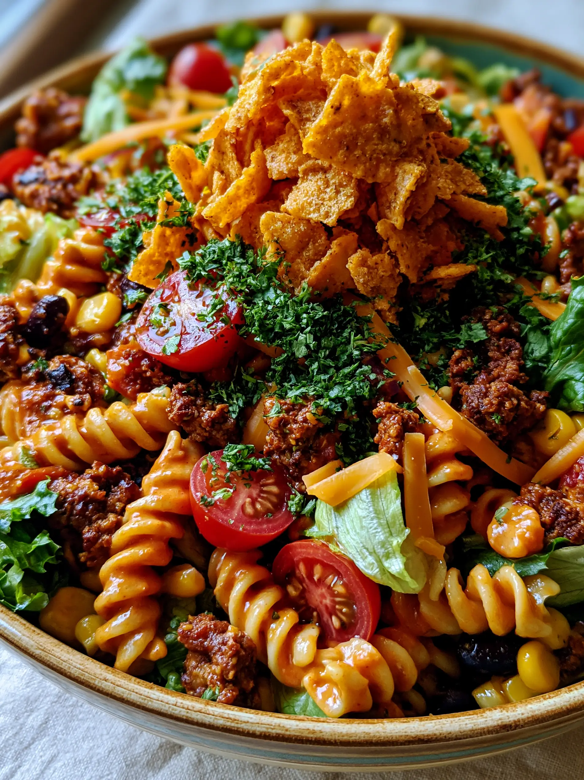 Close up of Taco Pasta Salad showing spiral rotini glistening with reddish-orange Catalina dressing and bright red cherry tomatoes.