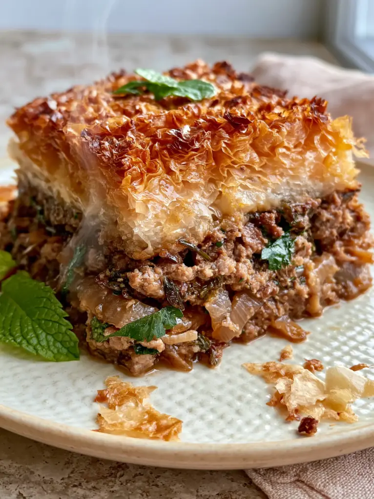 Close-up cross-section of a Greek Meat Pie square revealing steamed seasoned ground lamb and herbs beneath crisp pastry layers.