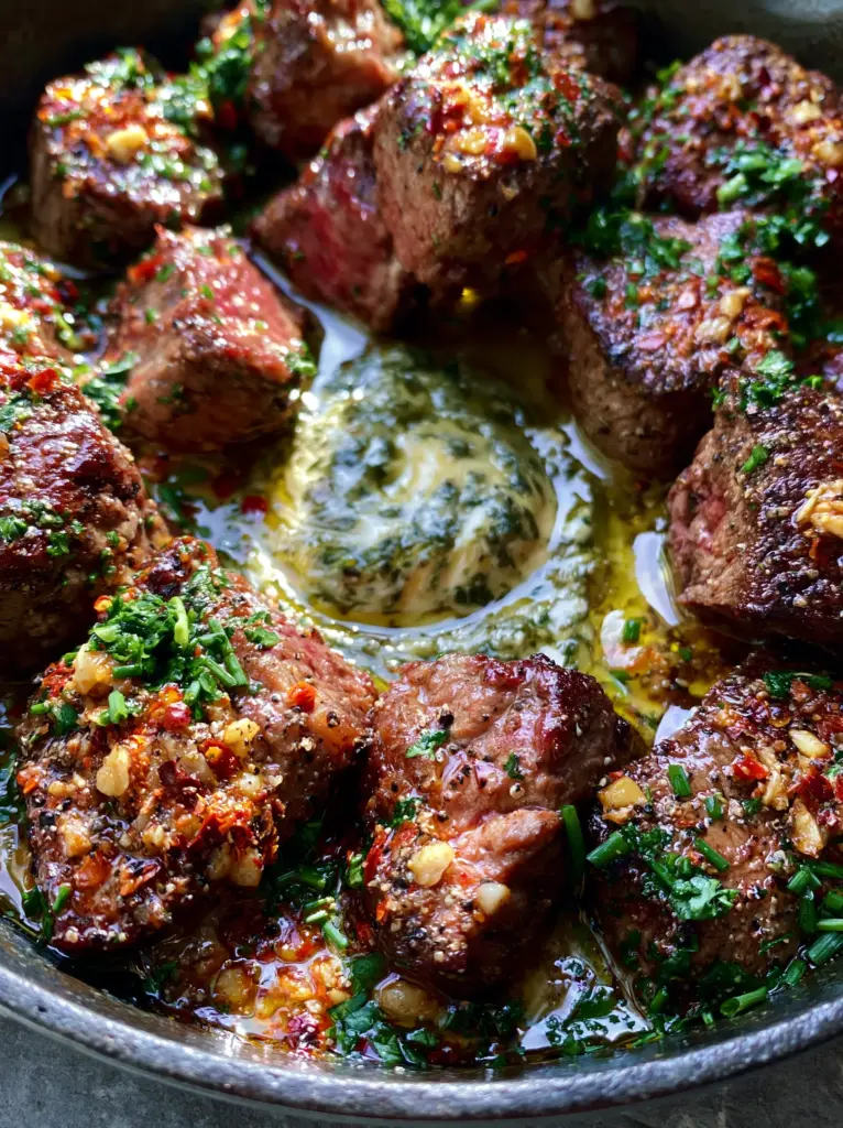 Close-up of seared ribeye cubes with toasted garlic, red chili flakes, and vibrant green chives in a shimmering sauce. (cowboy butter steak bites)