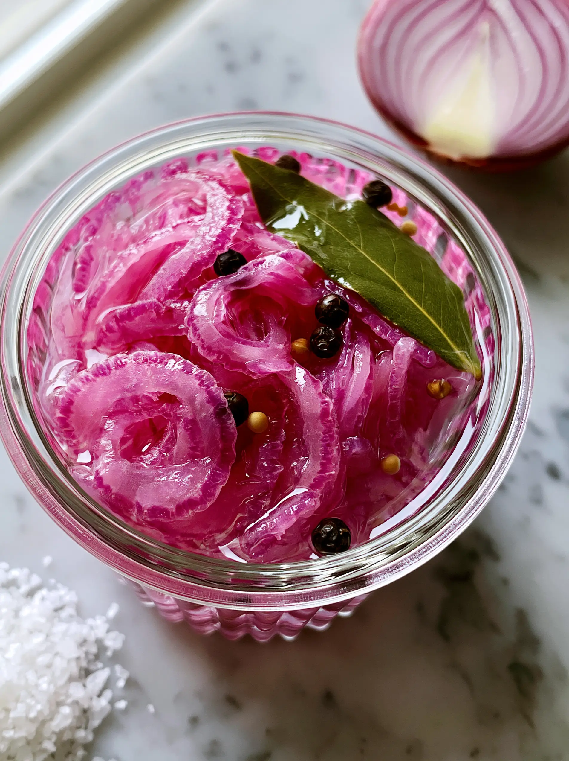 Close-up of translucent pickled red onions with peppercorns and mustard seeds, showcasing expert pickling recipes.