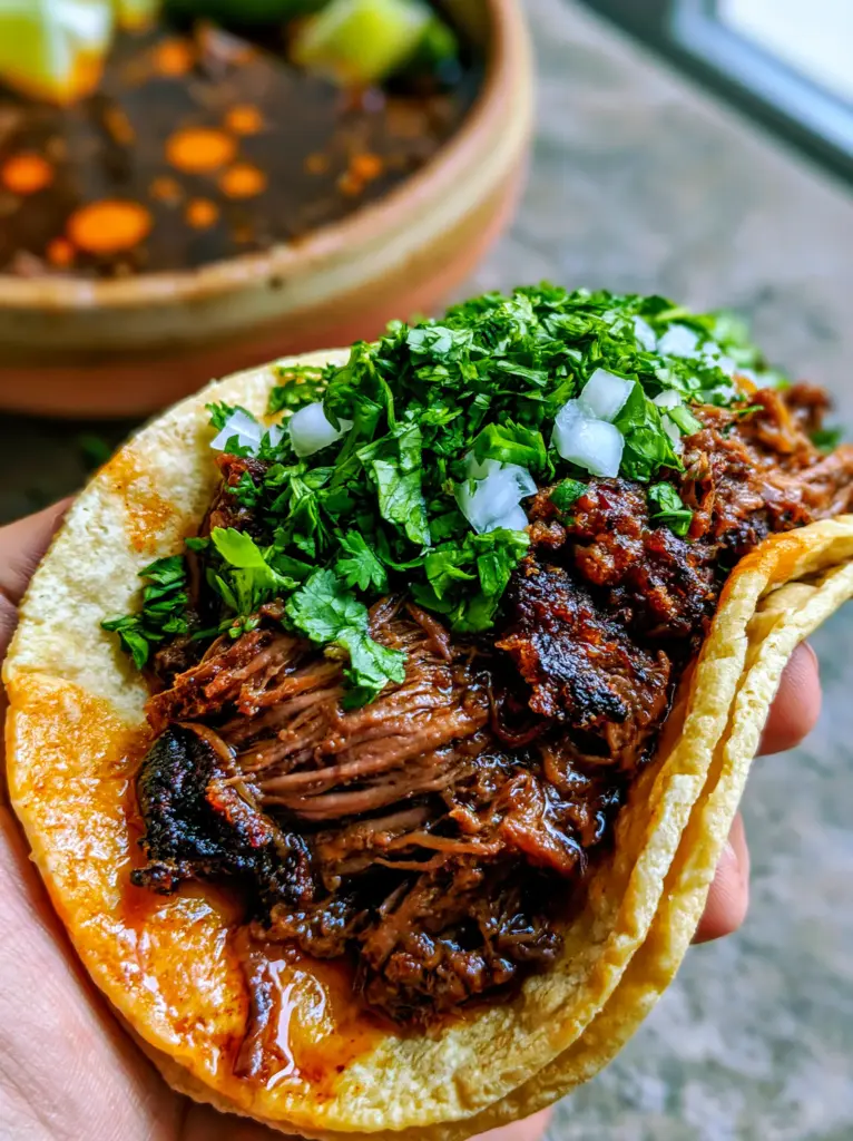Handheld shredded beef taco with dark mahogany meat and vibrant green cilantro toppings.