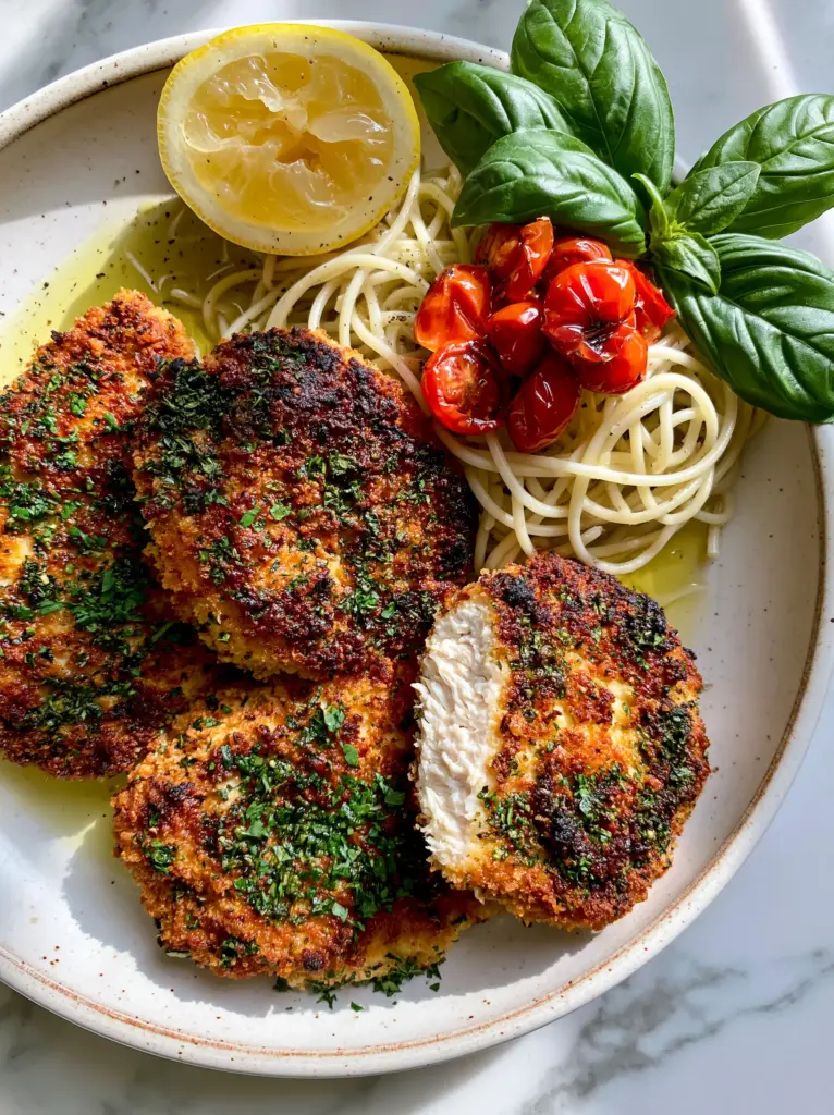 A sliced Italian Basil Chicken Cutlet revealing a juicy, steaming-hot interior next to al dente spaghetti and lemon.