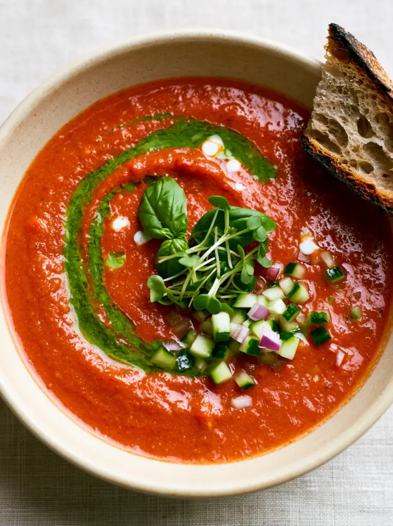 Top down view of gazpacho garnished with basil oil and charred sourdough bread.