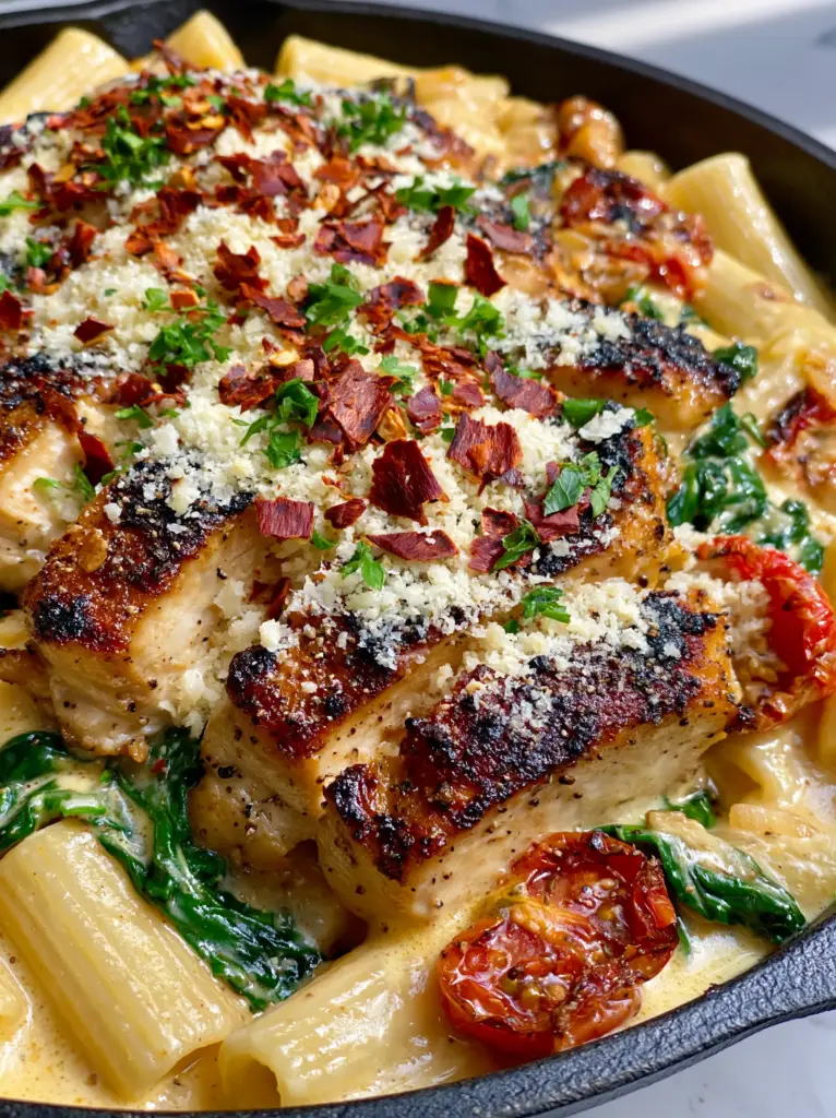 Overhead view of a cast iron skillet with blistered cherry tomatoes, wilted spinach, and rigatoni in cream sauce. (quick recipes)