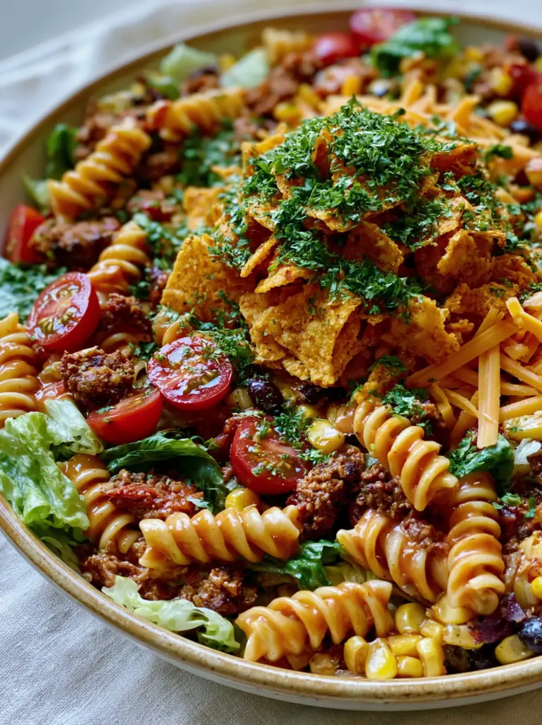 Taco Pasta Salad in a rustic bowl featuring golden corn, black beans, and jagged matte Dorito fragments.