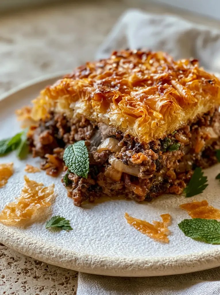 Overhead view of a sliced Greek Meat Pie on a ceramic plate with scattered crispy phyllo flakes.