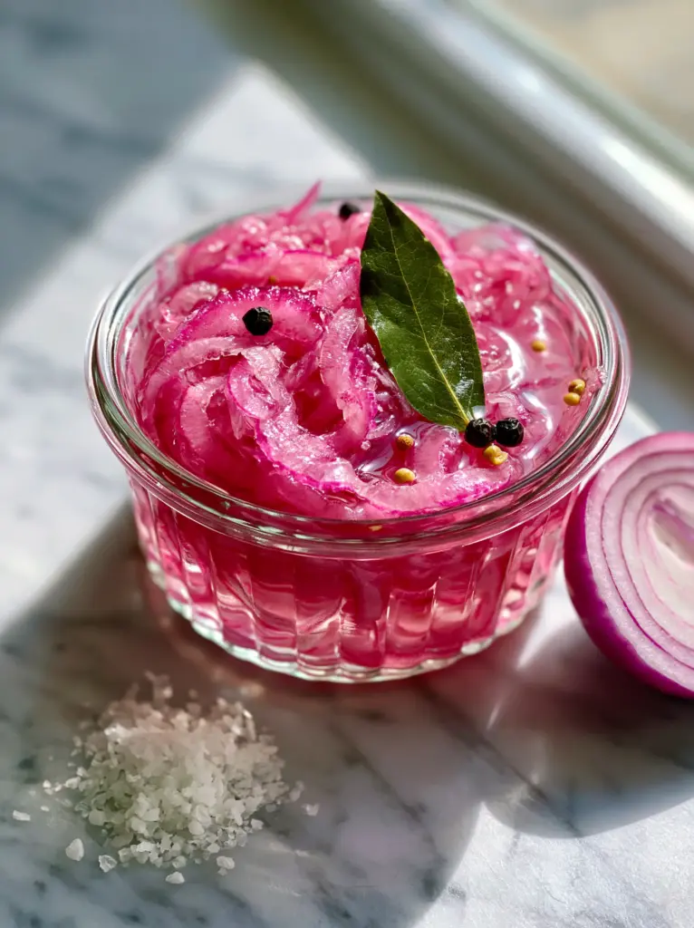 A high-angle shot of pickled onions next to a raw red onion and sea salt crystals, illustrating pickling recipes color change.