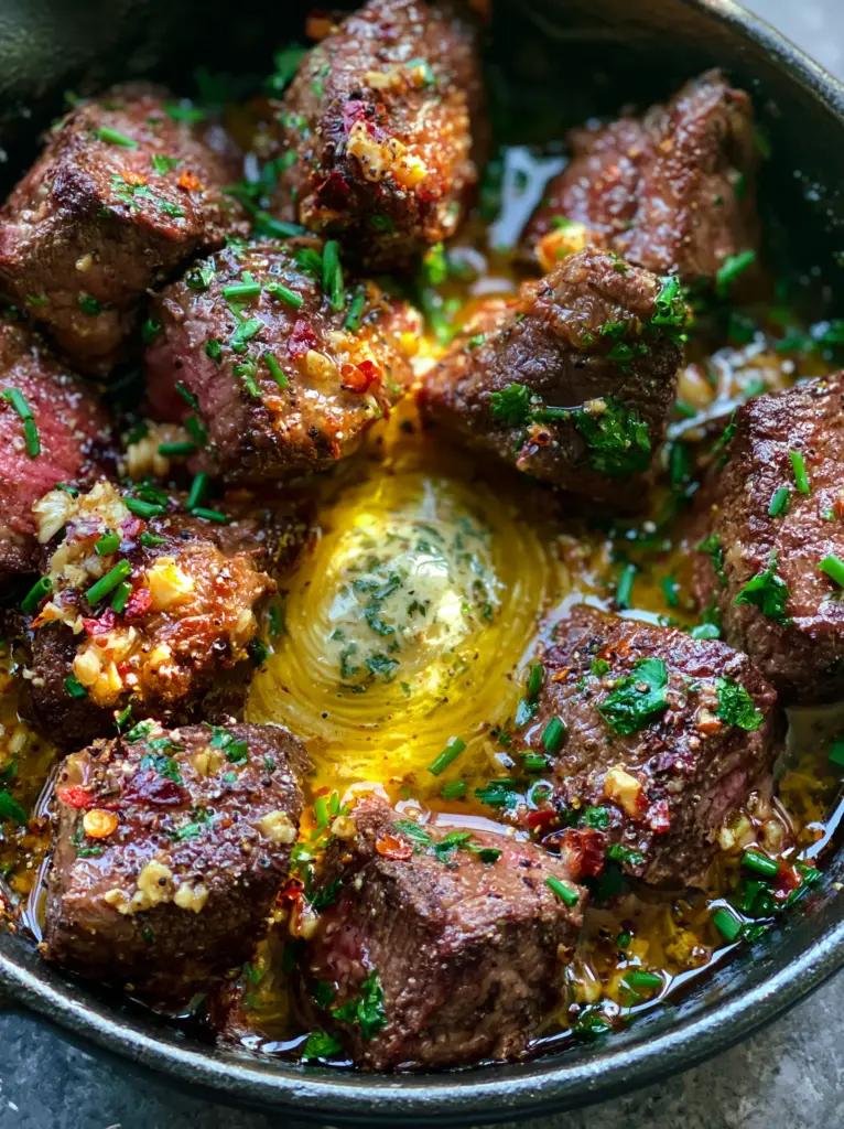 An overhead shot of steak bites piled into a cast iron pan with a melting pat of herb butter in the center.