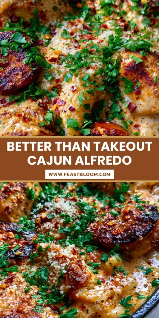 A top-down view of Cajun Chicken and Sausage Alfredo in a cast iron skillet with charred andouille and fresh parsley. (Cajun Chicken and Sausage Alfredo)