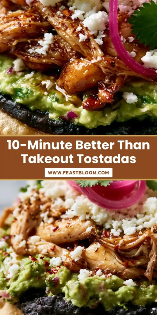 Low-angle side profile of chicken guacamole and bean tostadas with vibrant magenta pickled onions and cotija cheese on a light marble surface. (chicken guacamole and bean tostadas)