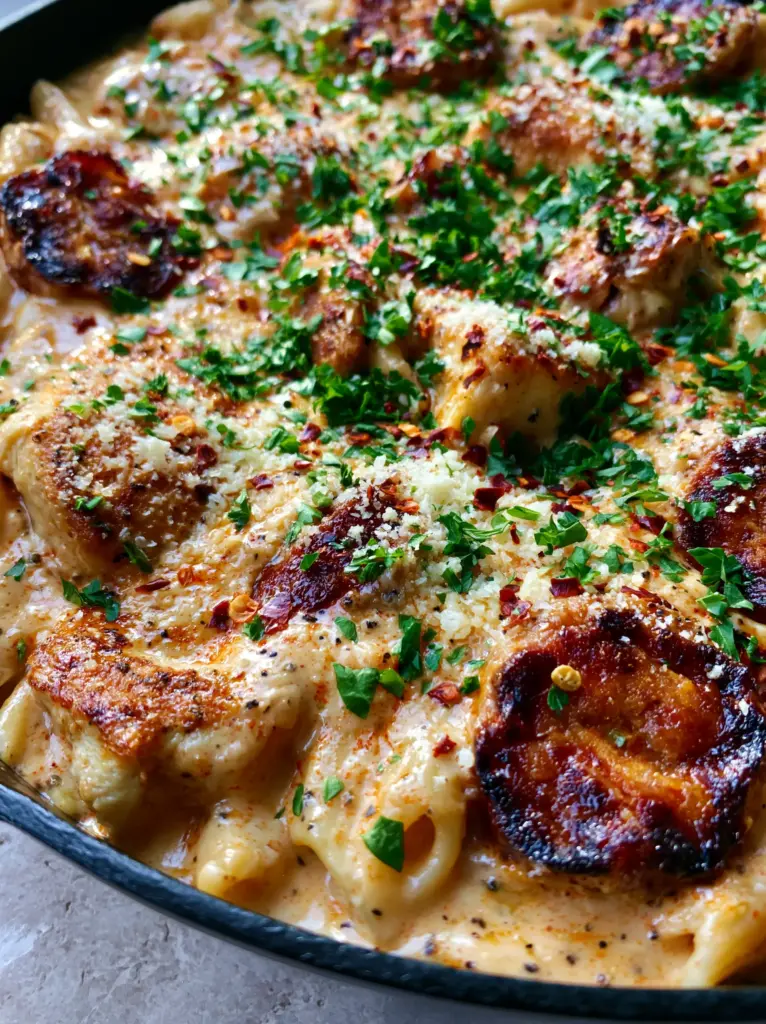 Extreme close-up of glossy orange Cajun alfredo sauce coating penne pasta with visible black pepper grains. (Cajun Chicken and Sausage Alfredo)