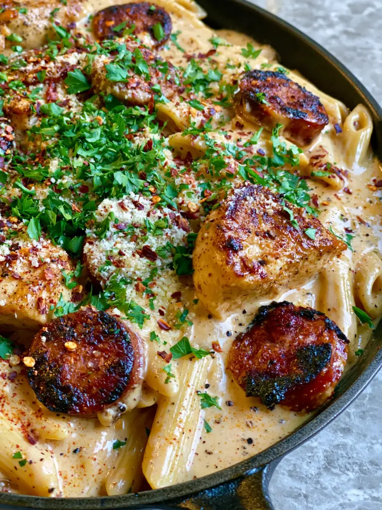 Detailed view of charred andouille sausage rounds and golden-brown chicken in a creamy Cajun pasta dish.
