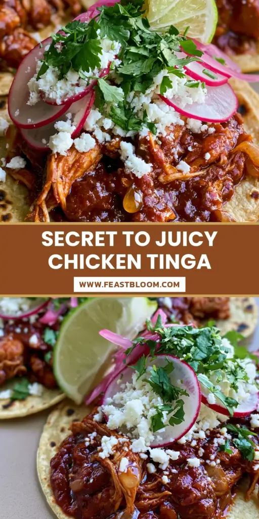 Three street-style tacos filled with deep-crimson chicken tinga, topped with radish slices and queso fresco on a ceramic plate. (chicken tinga recipe)