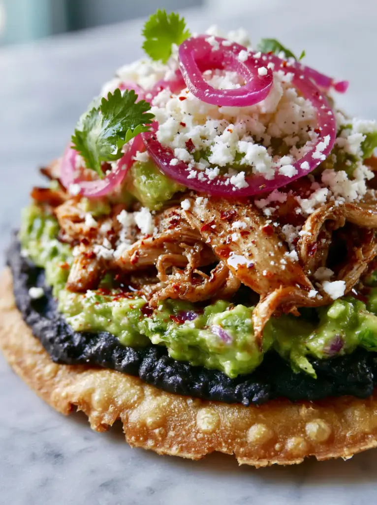 A mountain of glistening shredded rotisserie chicken dusted with chili flakes on top of lime guacamole. (chicken guacamole and bean tostadas)