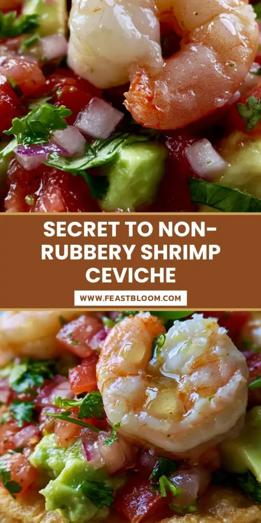 A vertical Pinterest pin featuring a loaded Mexican Shrimp Ceviche tostada with plump shrimp, avocado, and lime droplets.