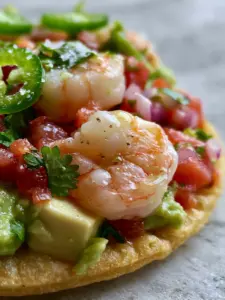 Extreme macro close-up of Mexican Shrimp Ceviche showing succulent pink shrimp, lime droplets, and sea salt flakes. (Mexican Shrimp Ceviche)