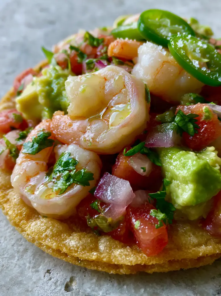 Side view of a Mexican Shrimp Ceviche tostada showing the thick golden corn shell and layers of creamy avocado and tomatoes.