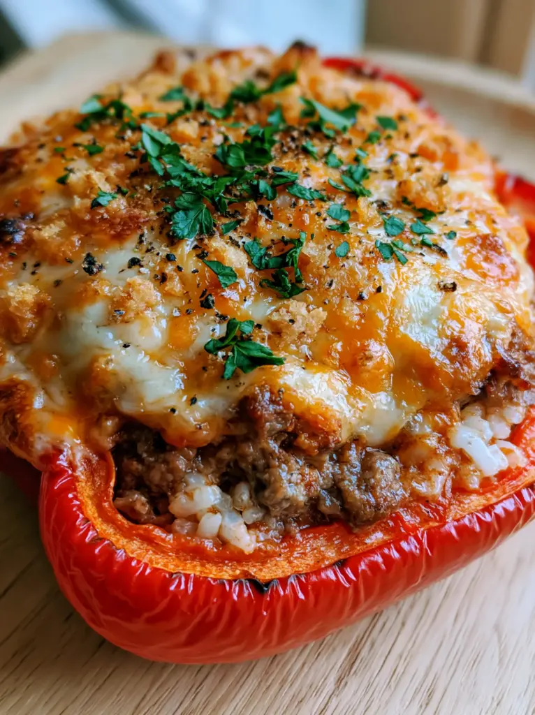 A top-down view of the stuffed peppers recipe showing the panko breadcrumb clusters and fresh parsley garnish on melted cheese.