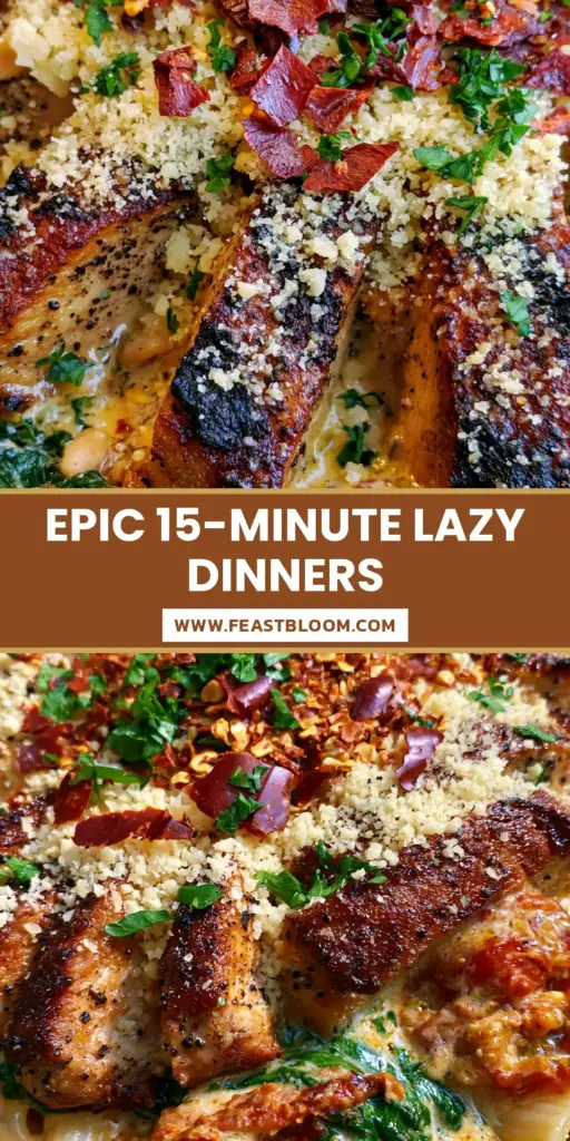A rustic cast iron skillet filled with creamy Tuscan chicken rigatoni, charred chicken slices, and blistered tomatoes. (quick recipes)