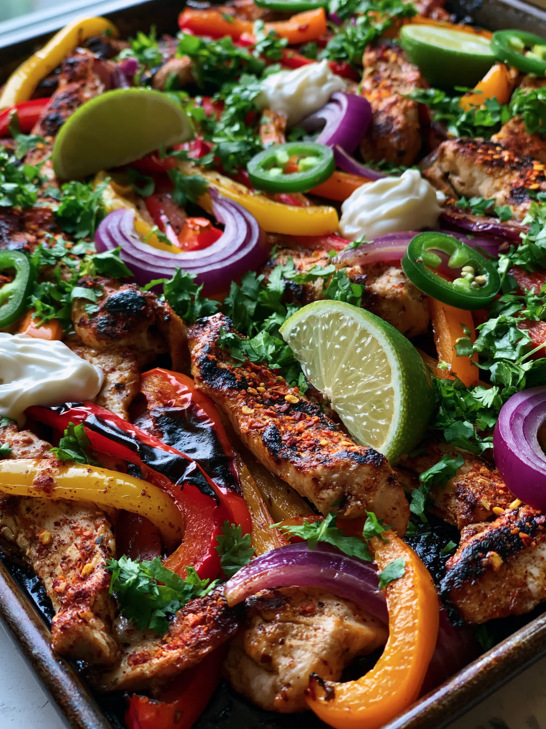 Close up of seared chicken breast strips with golden-brown charred edges and red chili flakes. (Chicken Fajitas Recipe)