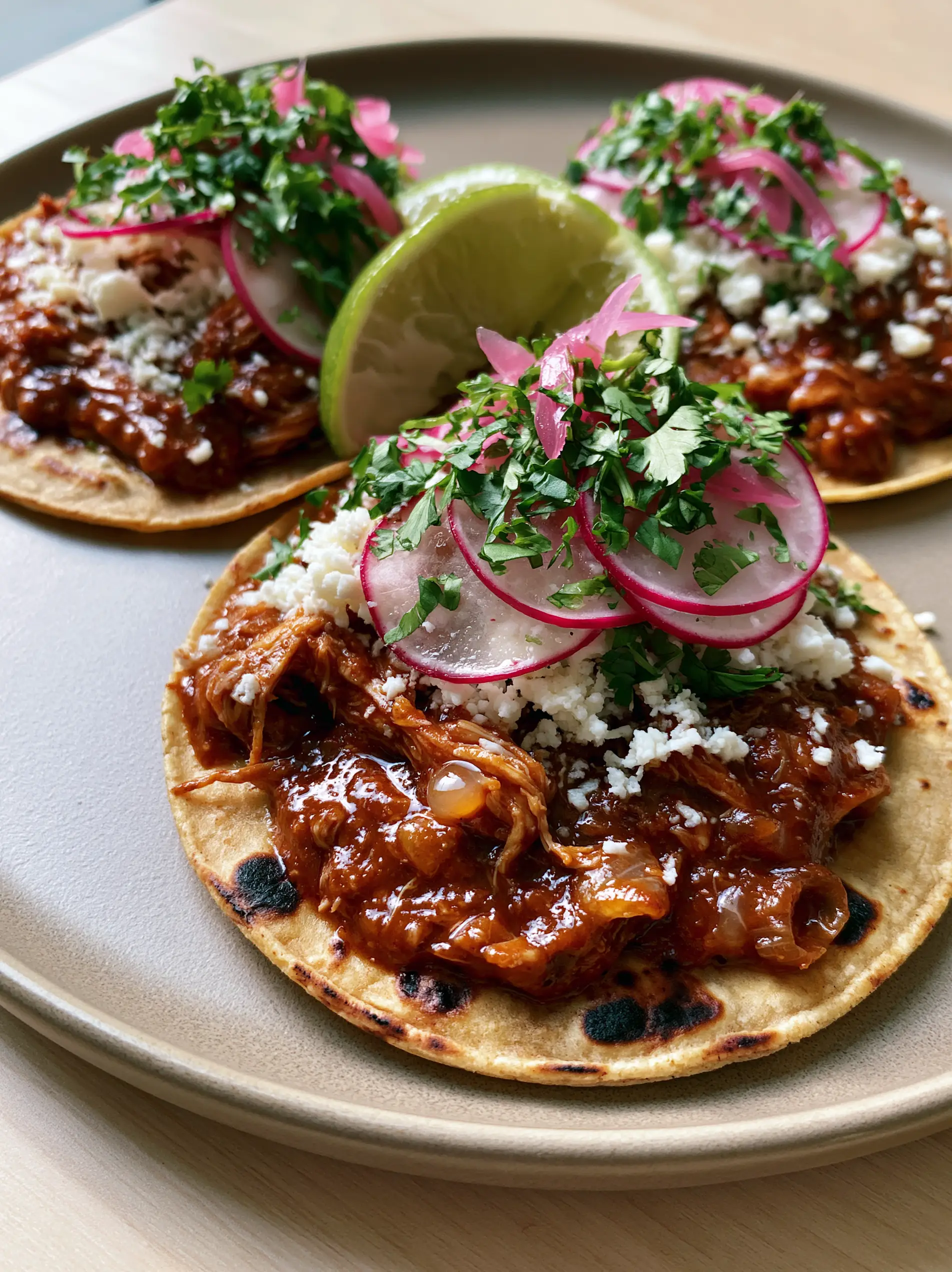 Close-up of succulent shredded chicken breast in a thick chipotle-tomato sauce with fresh lime juice droplets. (chicken tinga recipe)