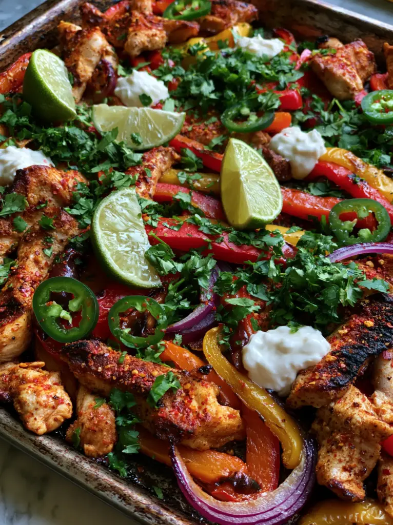 Visual of charred tricolor bell peppers and caramelized onions on a metal pan. (Chicken Fajitas Recipe)