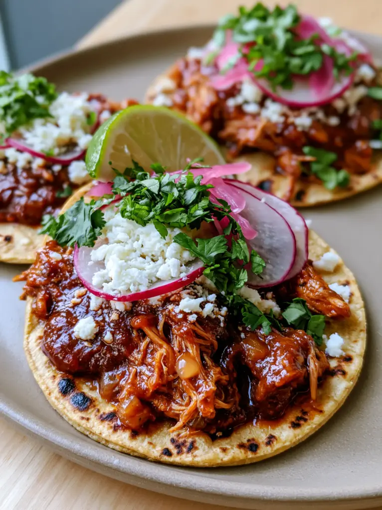 A handheld photo of charred corn tortillas filled with smoky chicken tinga and topped with pickled red onions and cilantro.