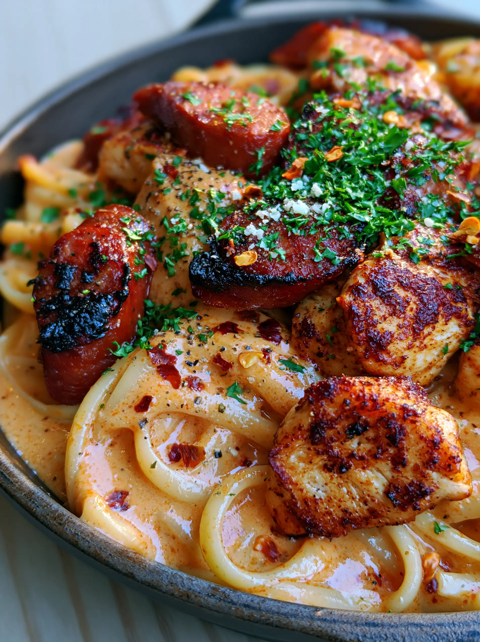 Macro photography showing the glistening texture of Cajun Sausage and Chicken Linguine with fresh parsley and red pepper flakes.