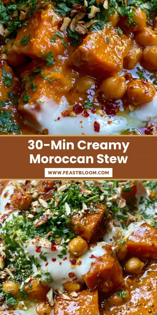 A rustic bowl of vegan moroccan stew with a white coconut cream swirl and toasted almonds.
