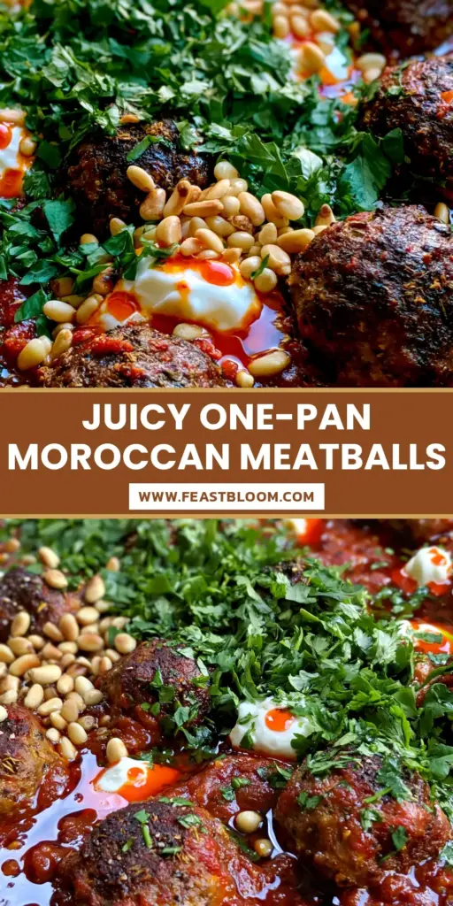 A rustic dark cast iron skillet filled with Moroccan meatballs in a thick red harissa sauce, topped with Greek yogurt dollops and cilantro. (Moroccan meatballs)