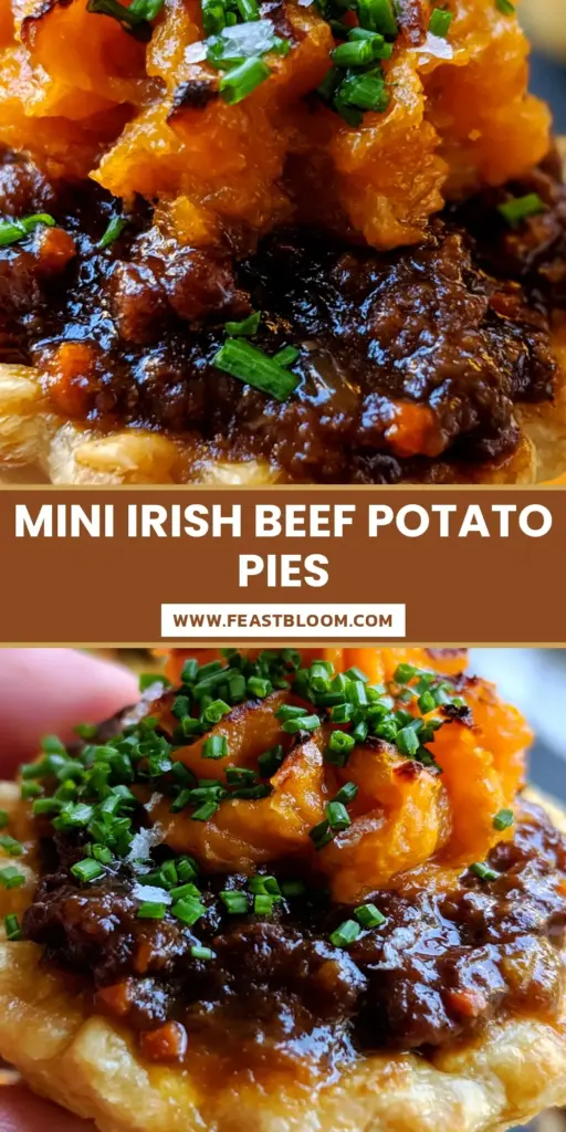 A handheld close-up of an individual Irish beef sweet potato mini pie with a high decorative sweet potato swirl and green chives. (Irish beef sweet potato mini pies)