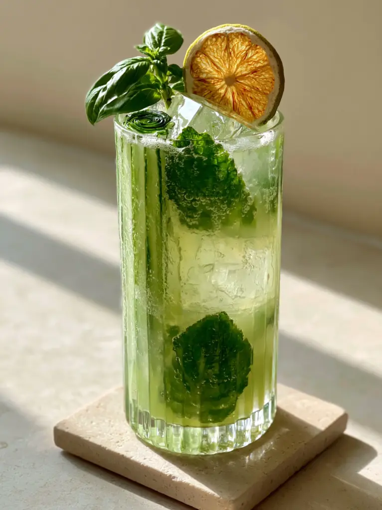 High resolution photo of a translucent green cooling drink with basil and dehydrated lime garnish.