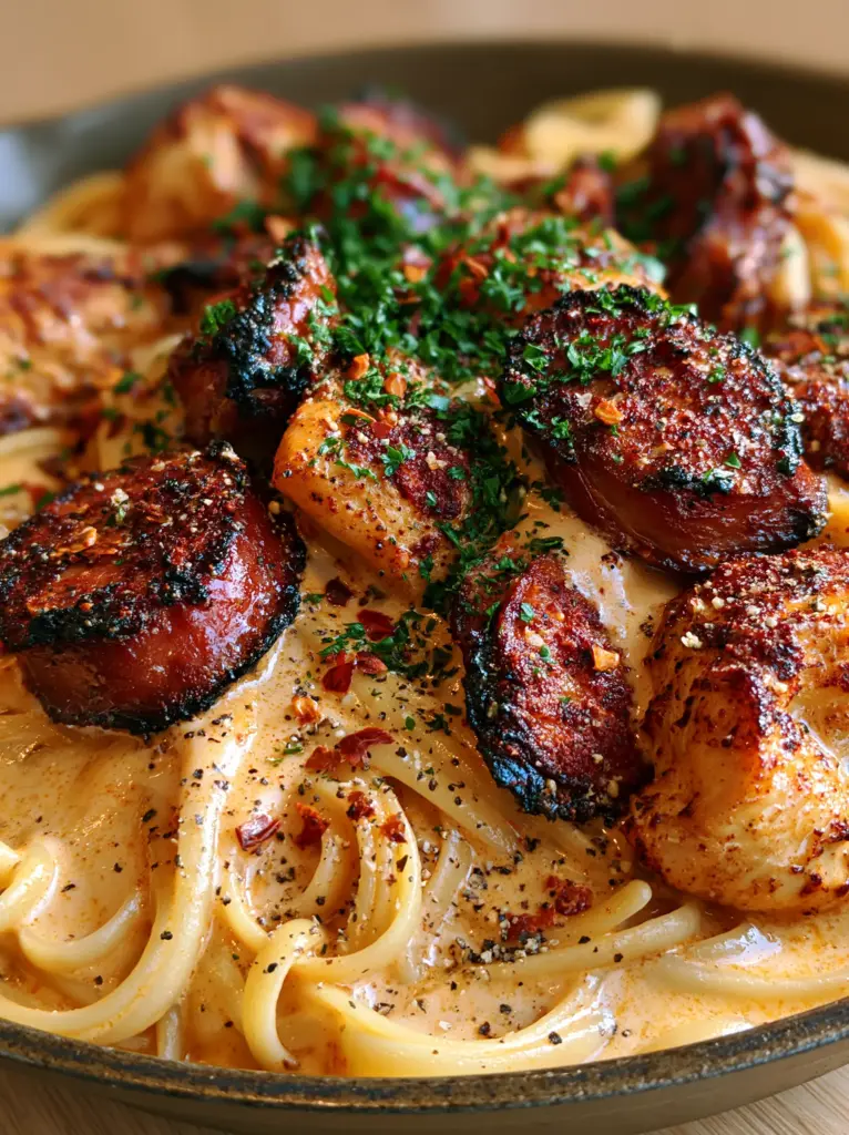 Rustic dark cast iron skillet filled with tangled al dente linguine, charred sausage, and seared chicken chunks.