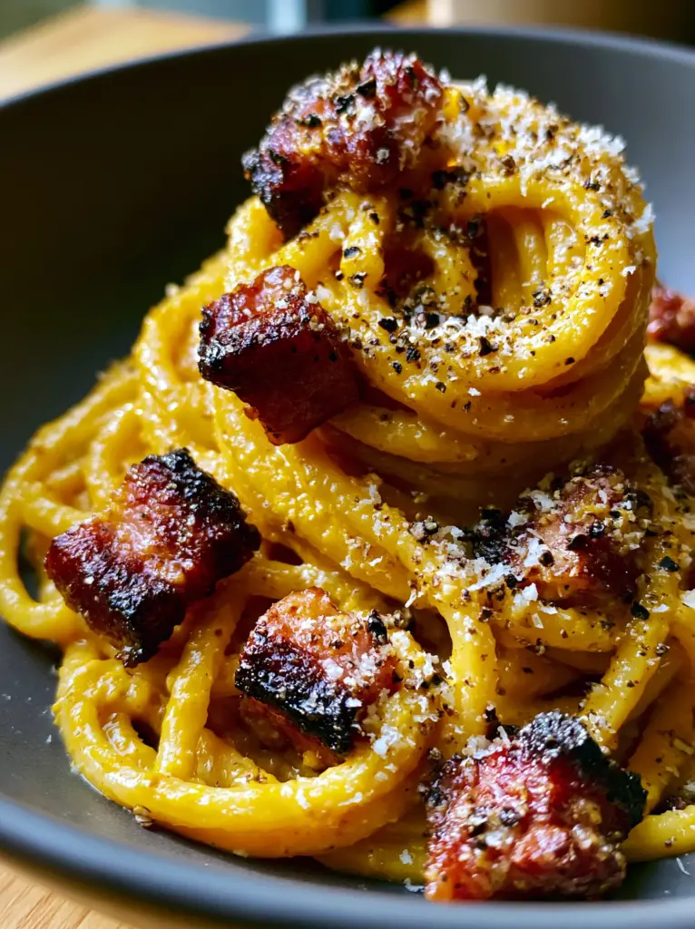Close up of al dente spaghetti coils in a charcoal bowl topped with cracked black pepper and finely grated cheese. (Carbonara recipe)