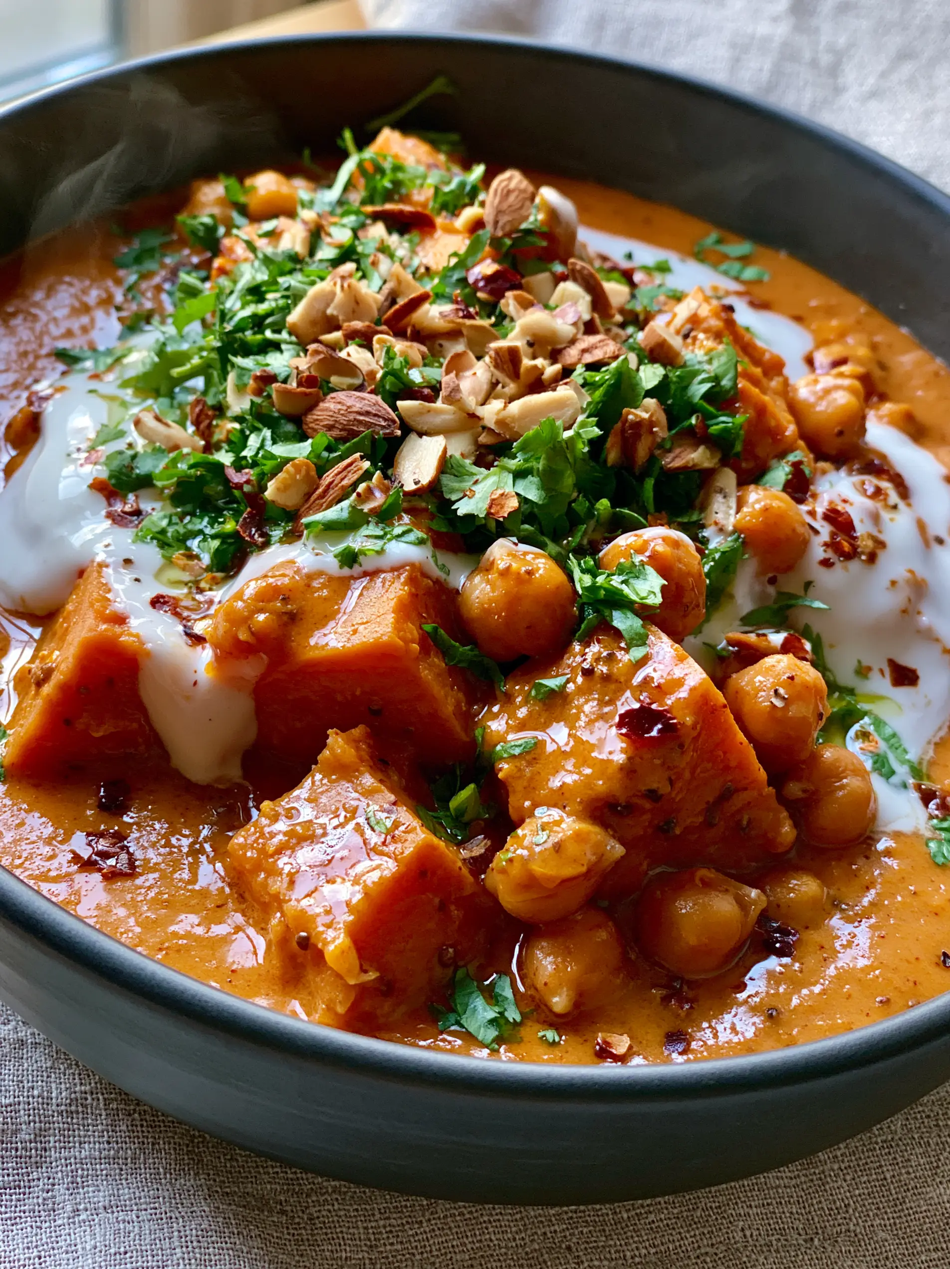 A close-up of creamy vegan moroccan stew showing the visible spice granules and plump chickpeas.