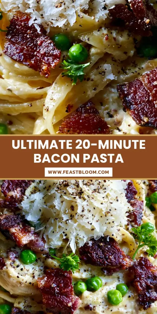 A top-down view of a creamy Bacon and Pea Pasta in a matte bowl with snowy parmesan and cracked pepper.