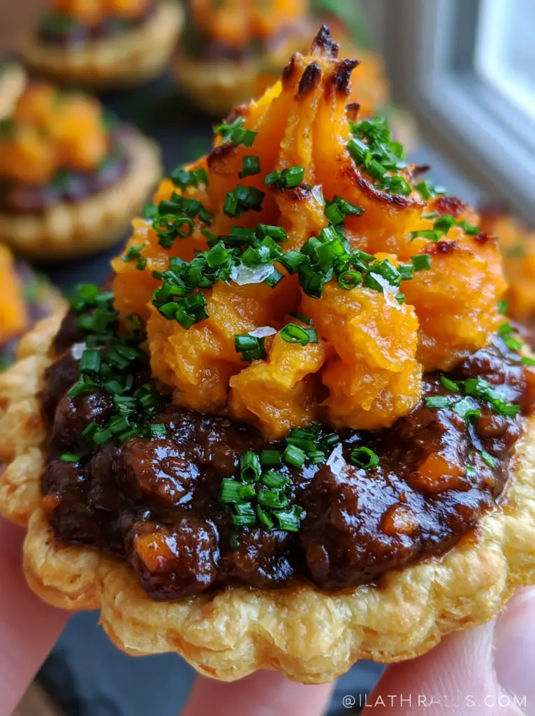 A top-down view of the caramelized sweet potato peaks and fresh chives on the Irish beef sweet potato mini pies.