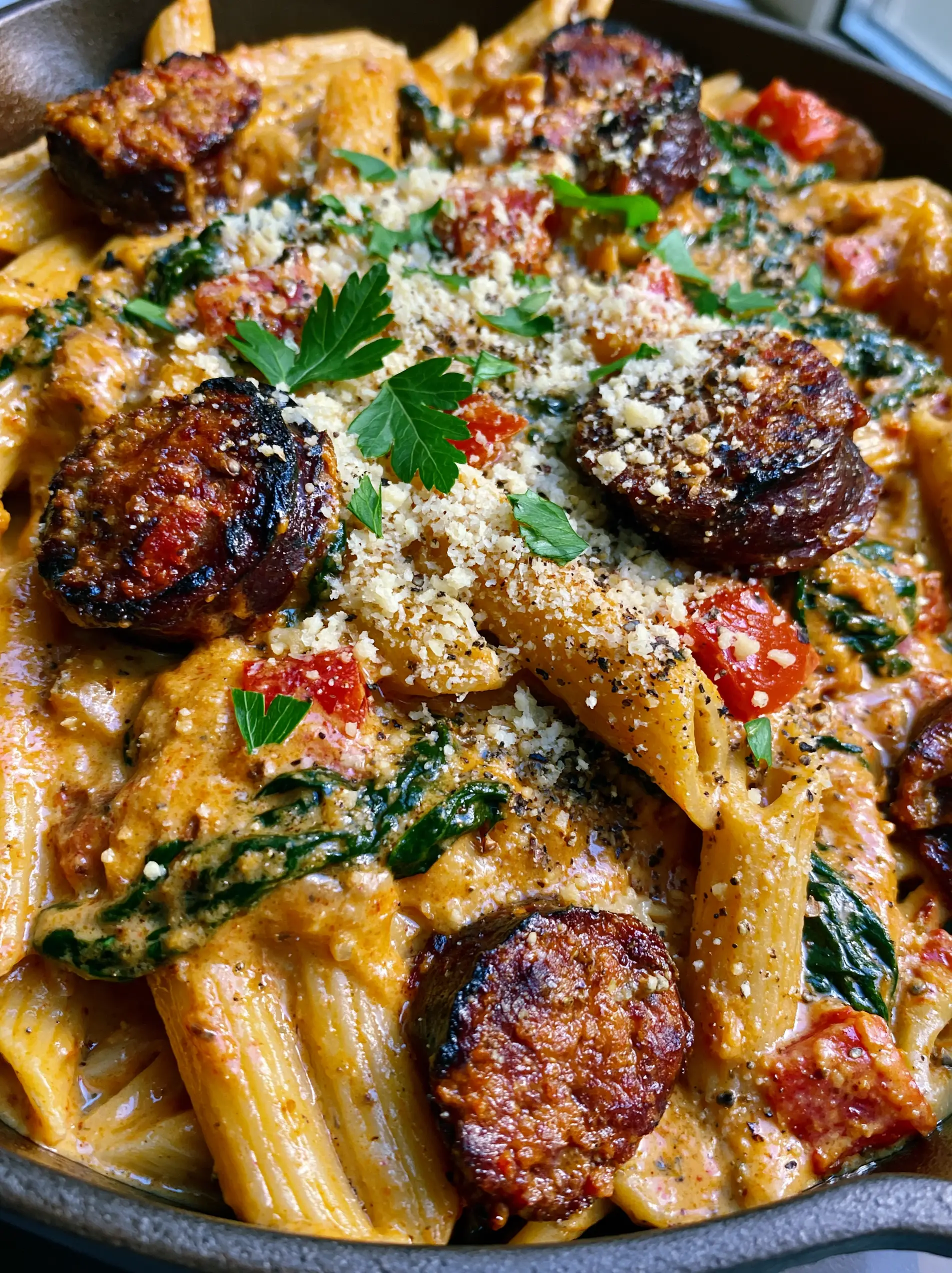 Top-down macro shot of Creamy Cajun Pasta in a cast iron skillet showing thick orange sauce and charred sausage rounds.