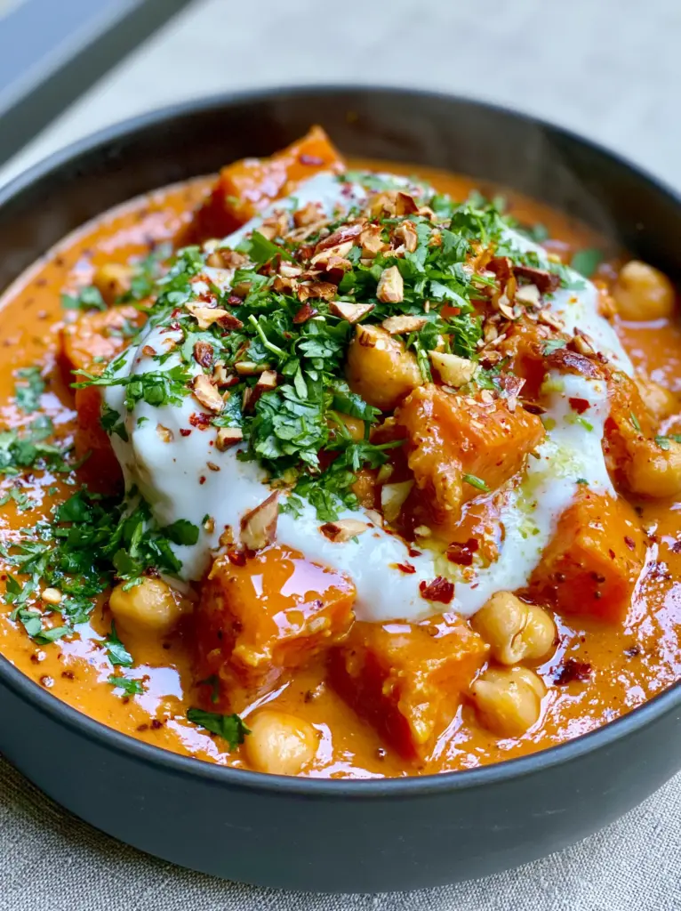 Garnished vegan moroccan stew in a matte-black bowl on a grey linen background.