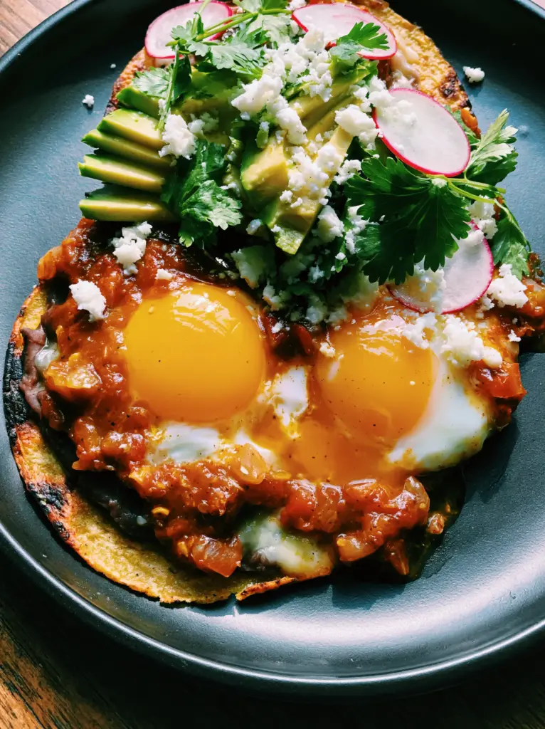 Huevos rancheros garnished with sliced avocado, radishes, cilantro, and cotija cheese on a rustic matte black plate.