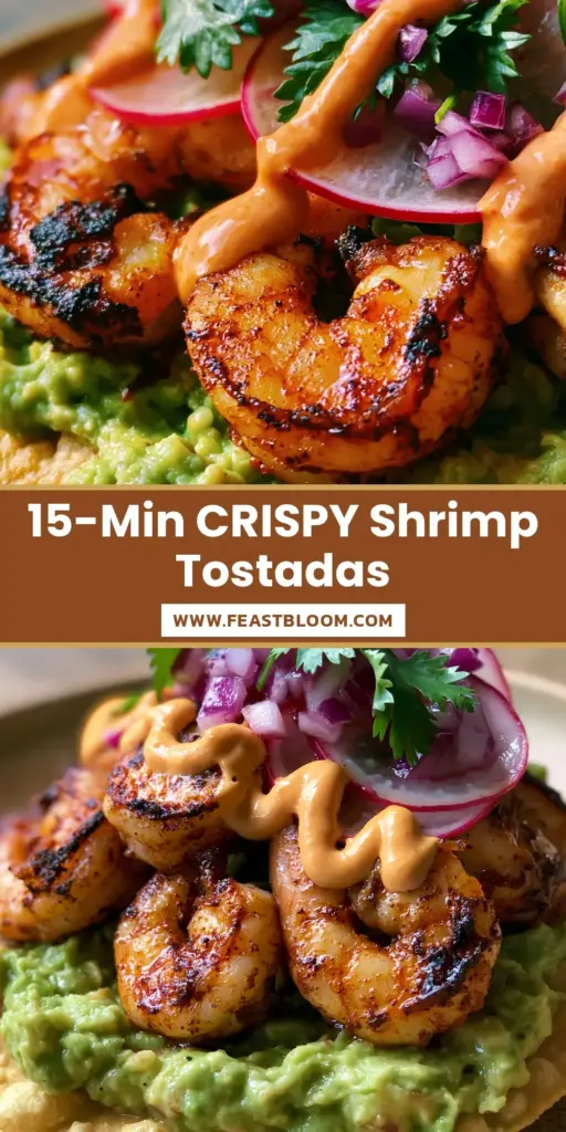 A close-up vertical shot of a loaded Shrimp tostada with Cajun charred shrimp and chipotle drizzle on a rustic plate.