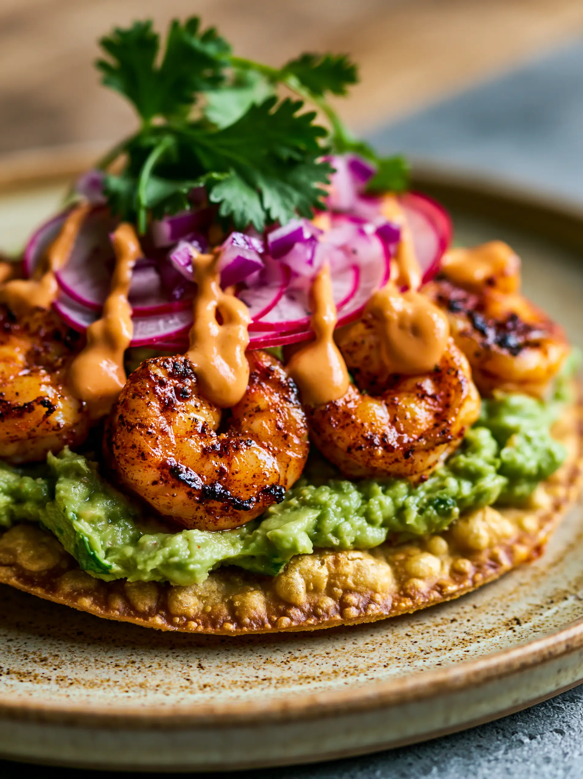 Extreme side profile of a Shrimp tostada showing the bubbly corn shell and thick avocado layer.