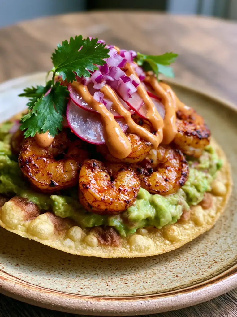 Close-up of succulent charred Cajun shrimp topped with translucent radishes and chipotle sauce on a tostada.