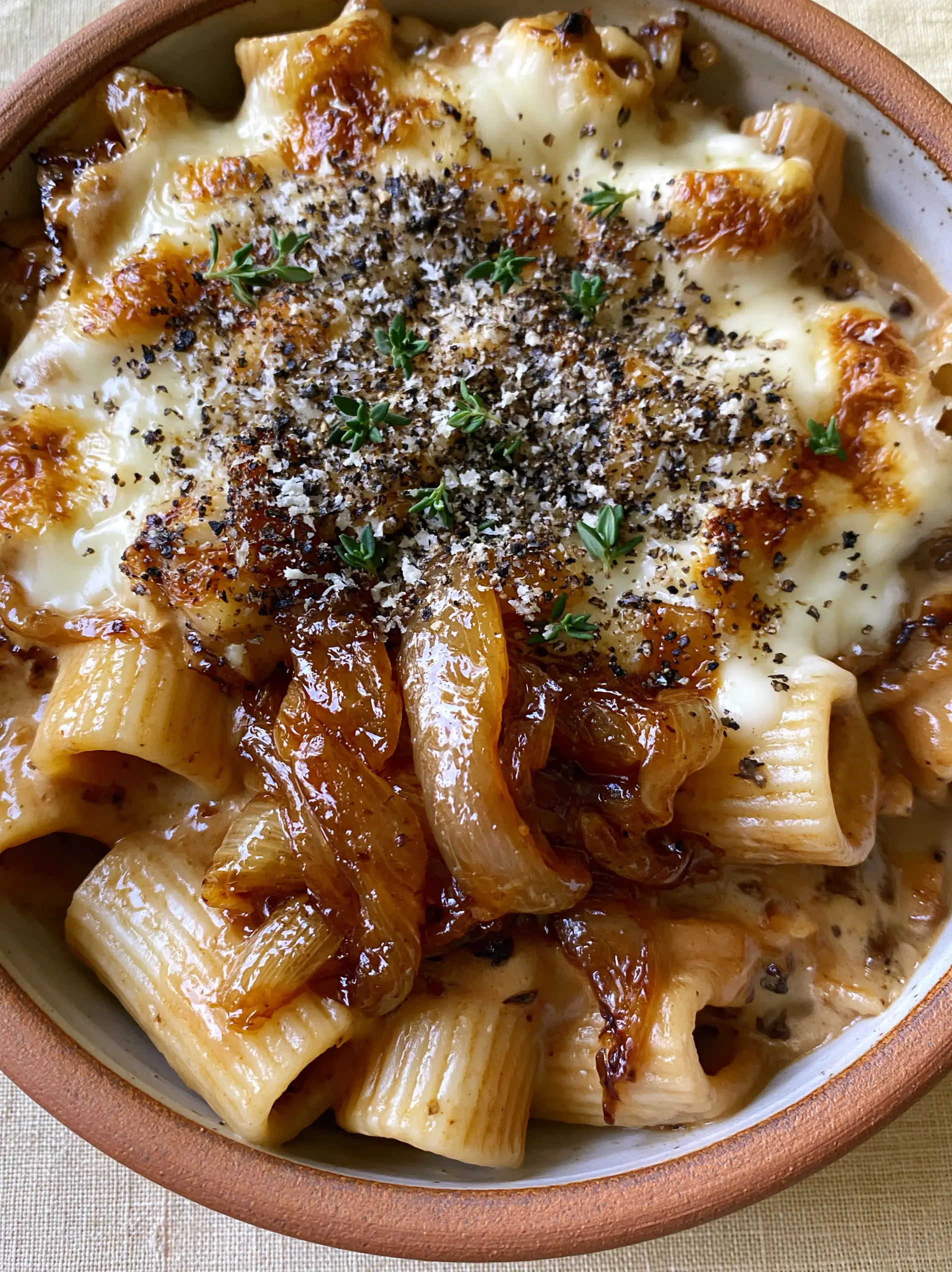 A smartphone photo of Caramelized Onion Pasta showing thick ribbons of jammy onions and velvety mahogany sauce.