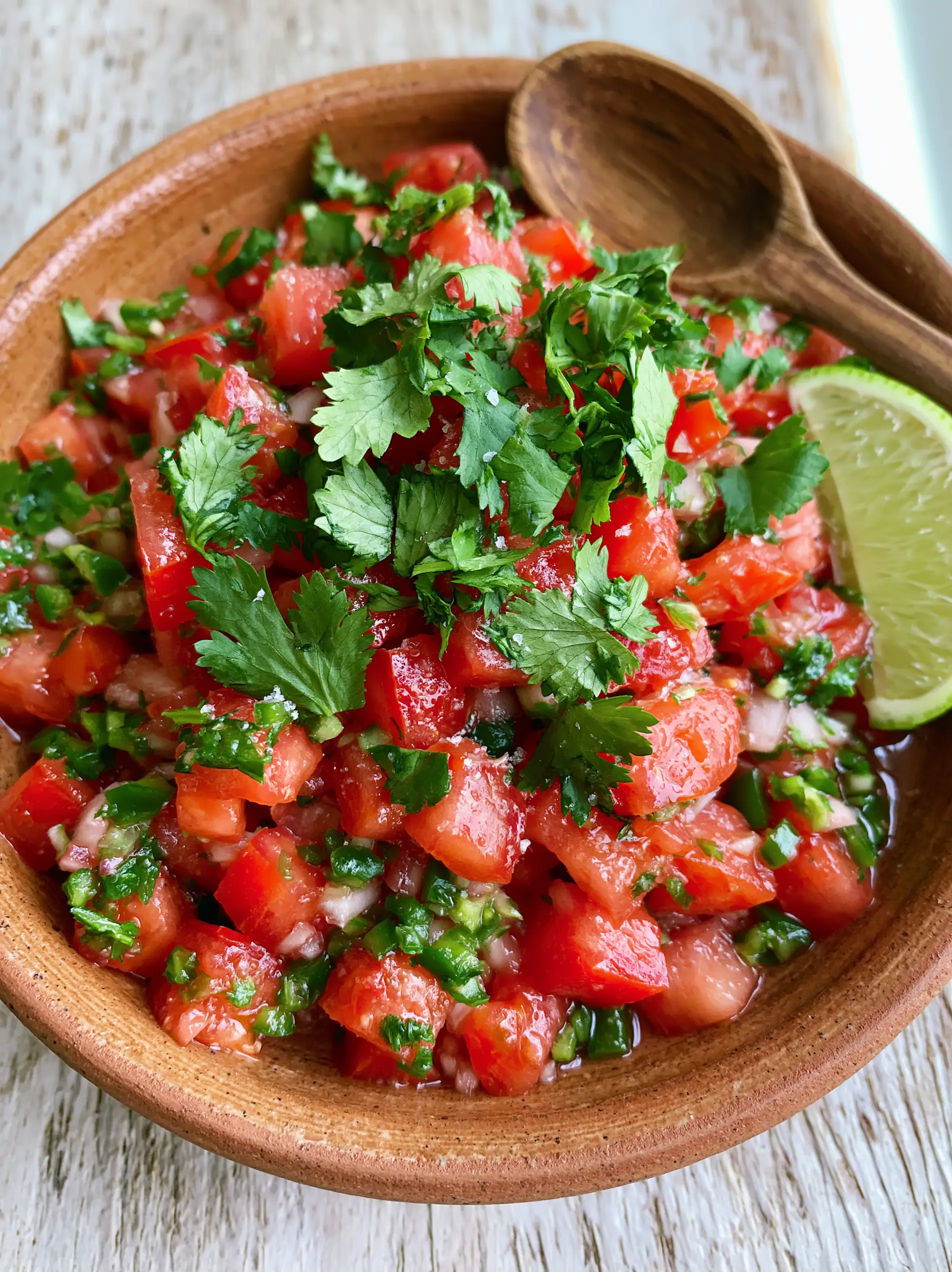 Top-down view of pico de gallo showing uniform cubes of tomatoes and onions glistening with lime juice glaze.