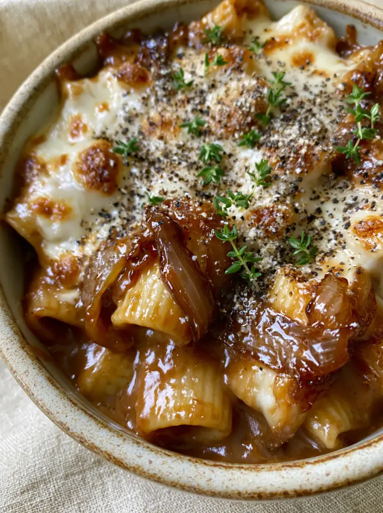 Close up of al dente rigatoni coated in mahogany sauce with melted bubbly Gruyere cheese spots.