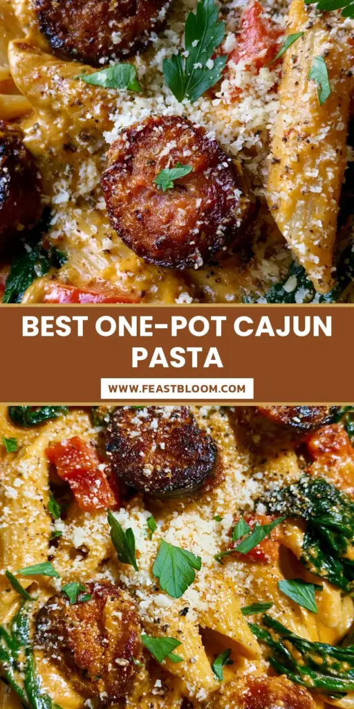 A close-up of Creamy Cajun Pasta in a skillet with seared andouille sausage, spinach, and red peppers topped with parmesan.
