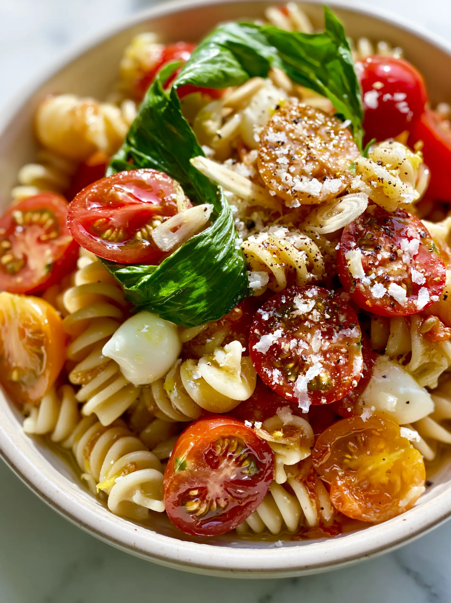 Extreme macro close-up of glossy fusilli pasta, ruby red halved cherry tomatoes, and fresh green basil ribbons in summer pasta recipes.