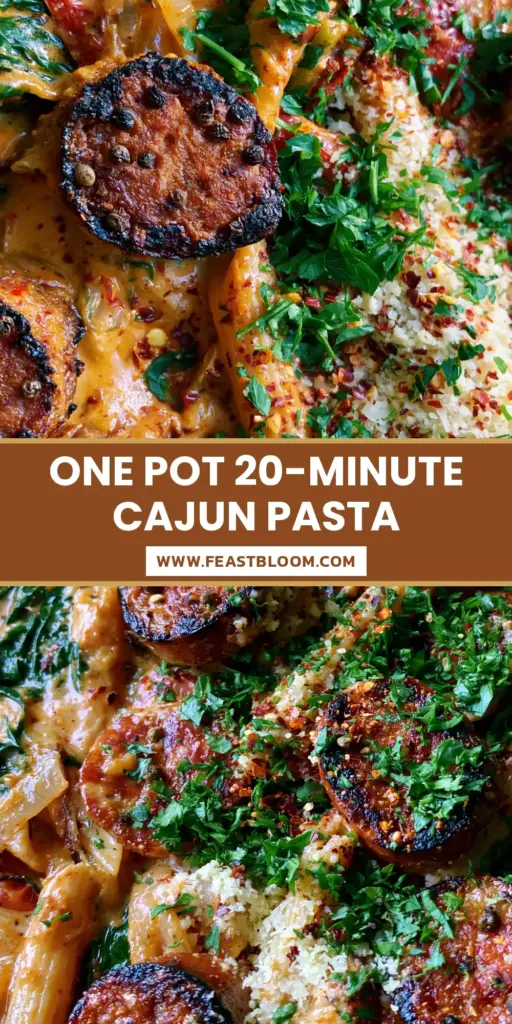 An overhead view of a black cast iron skillet containing creamy Cajun sausage pasta with charred andouille slices, wilted spinach, and a dusting of parmesan.